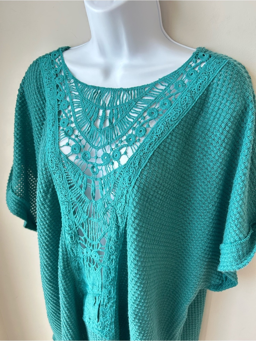 🟢 5 for $25 🟢 Crochet-Detail Teal Knit Tunic Top Coastal Grandma Cottagecore Bea